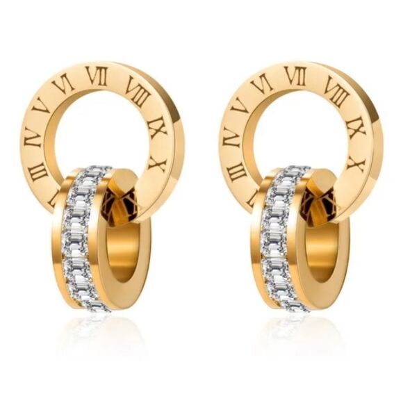 Gold Plated Cubic Zirconia Roman Numeral Round Pendant Necklace Earr… - Picture 6 of 7